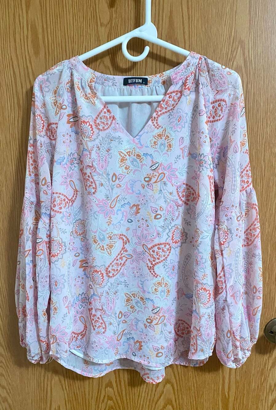 BTFBM Women Boho Blouse Floral Print V-Neck Long Puff Sleeve Chiffon Top Size S